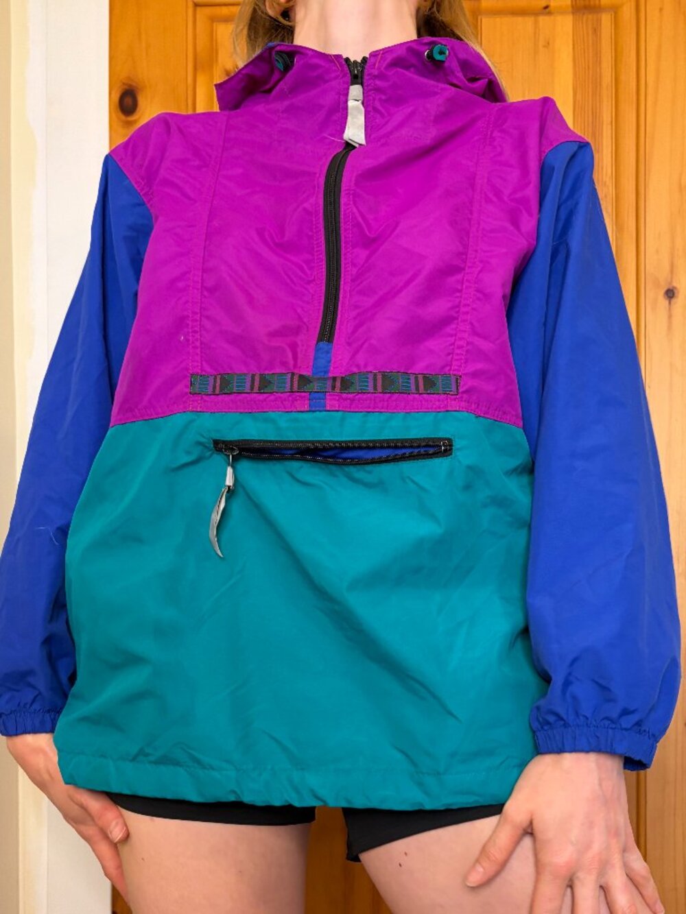 Vintage L.L.Bean Nylon Anorak Windbreaker Colourblock Pullover Kids XL Women S